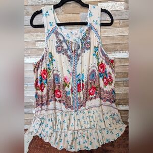 Bila Boho Floral Mixed Print Sleeveless Top W Ruffle And Ties